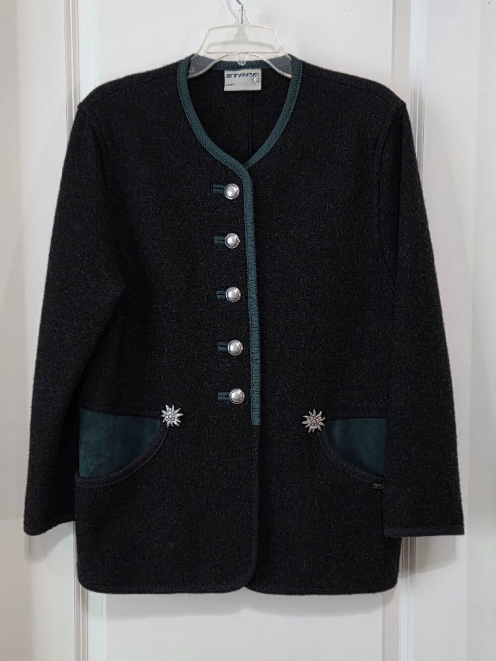 Stapf Austria Wool Sweater Jacket Cardigan with Edelweiss Accents
